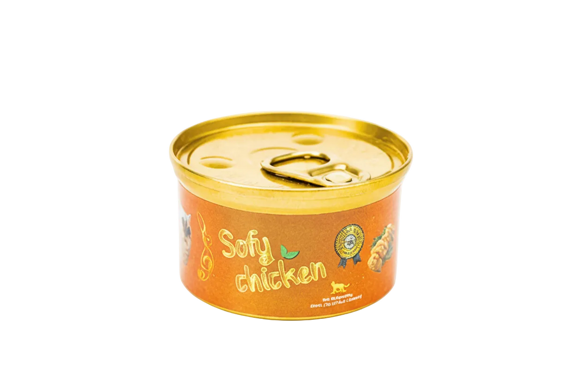 Can of cat food with 'Sofy Chicken' label on a white background